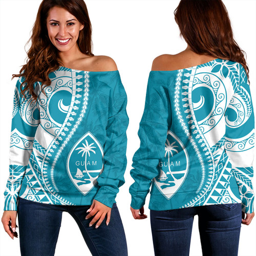 Guam Off Shoulder Sweatshirt Seat Tribal Island Coconut Tree Design