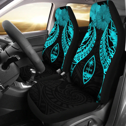 Guam Polynesian Car Seat Covers Pride Seal And Hibiscus Neon Blue