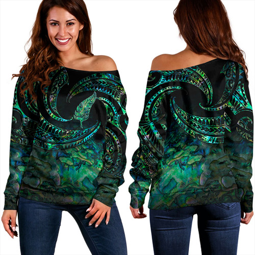New Zealand Off Shoulder Sweatshirt Tribal Wave Papua Shell With Silver Fern