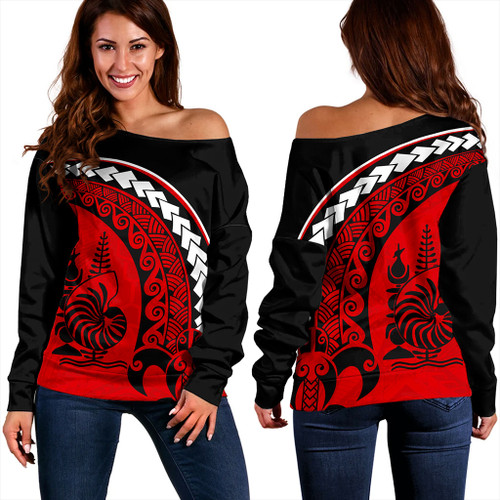 New Caledonia Off Shoulder Sweatshirt Turtle Polynesian Tribal Coat Of Arms