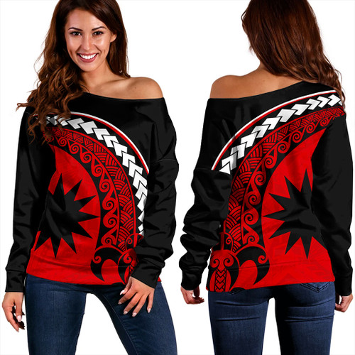 Nauru Off Shoulder Sweatshirt Turtle Polynesian Tribal Coat Of Arms