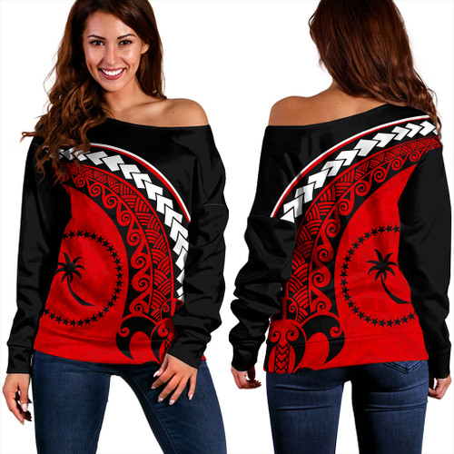 Chuuk State Off Shoulder Sweatshirt Turtle Polynesian Tribal Coat Of Arms