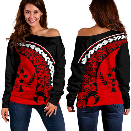 Kosrae Off Shoulder Sweatshirt Turtle Polynesian Tribal Coat Of Arms