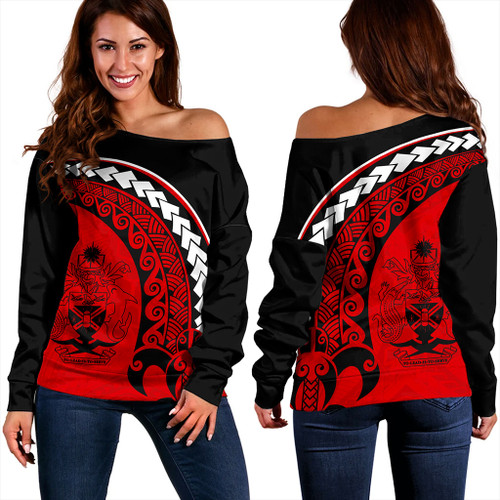 Solomon Islands Off Shoulder Sweatshirt Turtle Polynesian Tribal Coat Of Arms