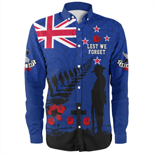New Zealand Long Sleeve Shirt Flag Maori Pattern Solider Fern Lest We Forget