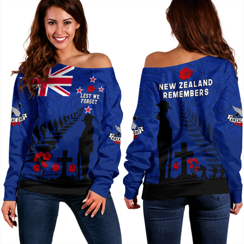 New Zealand Off Shoulder Sweatshirt Flag Maori Pattern Solider Fern Lest We Forget