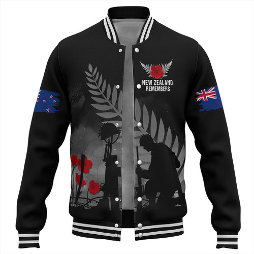 New Zealand Baseball Jacket Maori Silver Fern Poppy Flower Remembers