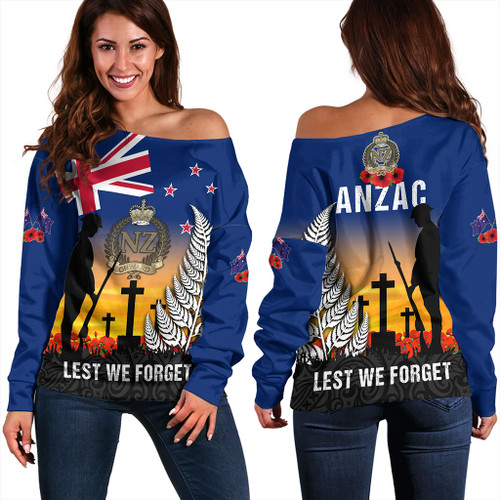 New Zealand Off Shoulder Sweatshirt Anzac Army And Maori Silver Fern Poppy Sunset Style