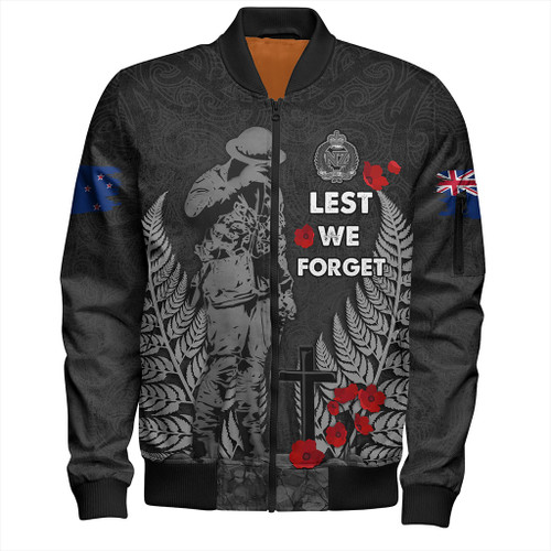 New Zealand Bomber Jacket Maori Tribal Silver Fern Lest We Forget Solider