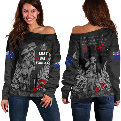 New Zealand Off Shoulder Sweatshirt Maori Tribal Silver Fern Lest We Forget Solider