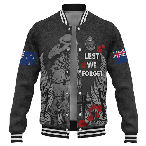 New Zealand Baseball Jacket Maori Tribal Silver Fern Lest We Forget Solider
