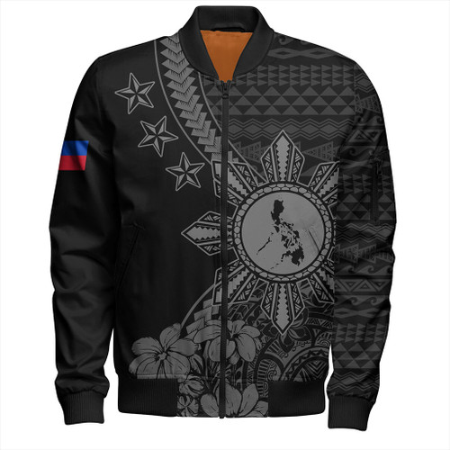 Philippines Filipinos Bomber Jacket Star With Tribal Flower Design Gray