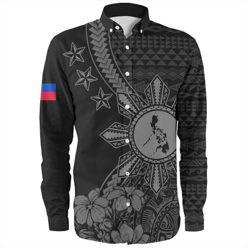 Philippines Filipinos Long Sleeve Shirt Star With Tribal Flower Design Gray
