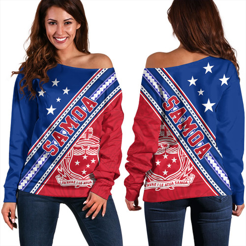 Samoa Off Shoulder Sweatshirt Flag And Coat Of Arms