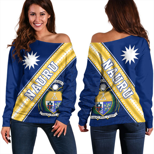 Nauru Off Shoulder Sweatshirt Flag And Coat Of Arms