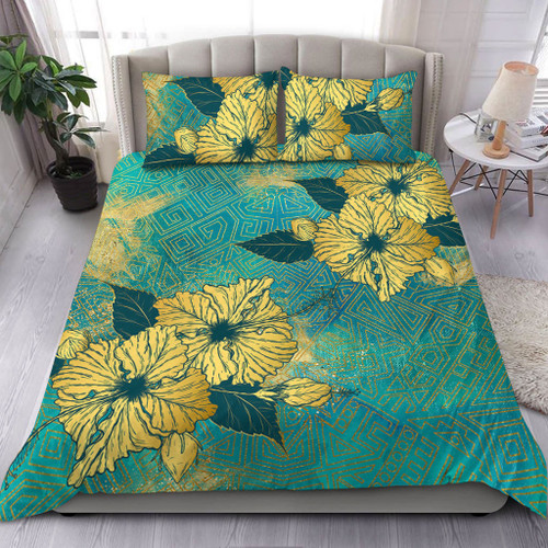 Hawaii Bedding Set Golden Hibiscus Turquoise Color Tribal Pattern1