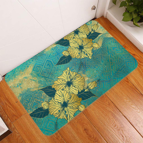 Hawaii Door Mat Golden Hibiscus Turquoise Color Tribal Pattern1