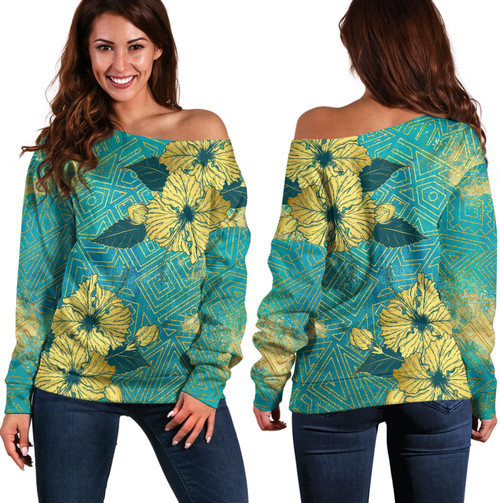 Hawaii Off Shoulder Sweatshirt Golden Hibiscus Turquoise Color Tribal Pattern1