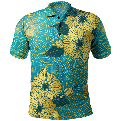Hawaii Polo Shirt Golden Hibiscus Turquoise Color Tribal Pattern1