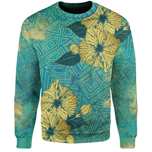 Hawaii Sweatshirt Golden Hibiscus Turquoise Color Tribal Pattern1