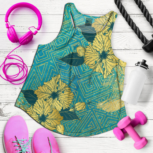Hawaii Women Tank Golden Hibiscus Turquoise Color Tribal Pattern1