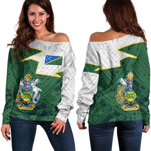 Solomon Islands Off Shoulder Sweatshirt Polynesian Tattoo Flag And Coat Of Arms