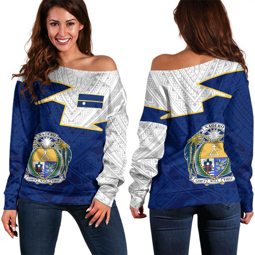 Nauru Off Shoulder Sweatshirt Polynesian Tattoo Flag And Coat Of Arms