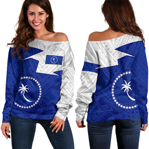 Chuuk State Off Shoulder Sweatshirt Polynesian Tattoo Flag And Coat Of Arms