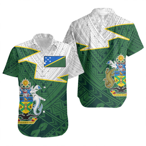 Solomon Islands Short Sleeve Shirt Polynesian Tattoo Flag And Coat Of Arms