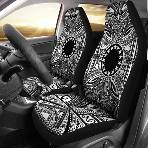 Cook Islands Car Seat Cover - Cook Islands Coat Of Arms Polynesian White Black