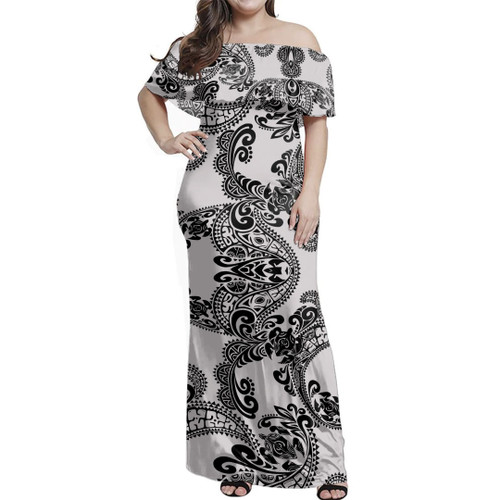 Polynesia Woman Off Shoulder Long Dress Turtle And Tribal Designs