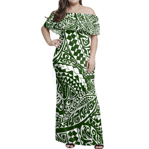 Polynesia Woman Off Shoulder Long Dress Tribal Print Fabric