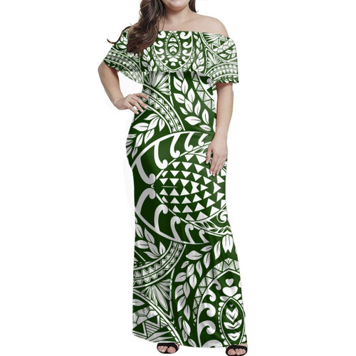 Polynesia Woman Off Shoulder Long Dress Tribal Print Fabric Leave