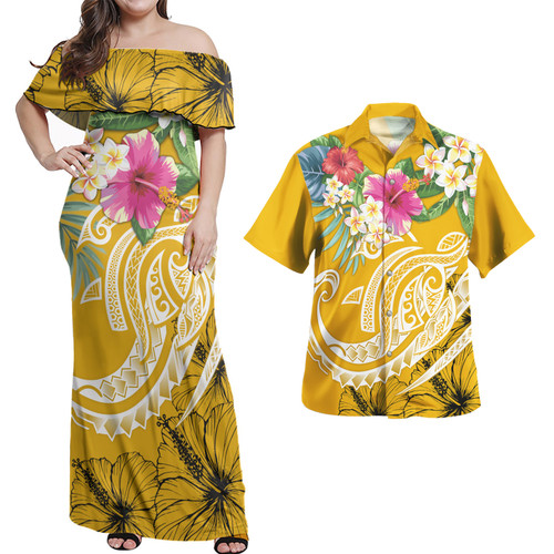 Polynesia Combo Dress And Shirt Summer Plumeria Gold1