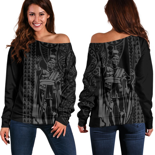 Hawaii Off Shoulder Sweatshirt Polynesian Tribal King Kamehameha I Kakau