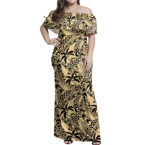 Polynesia Woman Off Shoulder Long Dress Tribal Coconut Palm