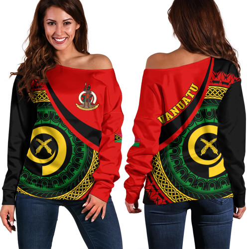 Vanuatu Off Shoulder Sweatshirt Custom Melanesian Tribal Circle Tattoo Style