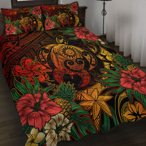 Hawaii Quilt Bed Set Tribal Polynesia Sea Turtle Design Pacific Dream Reggae