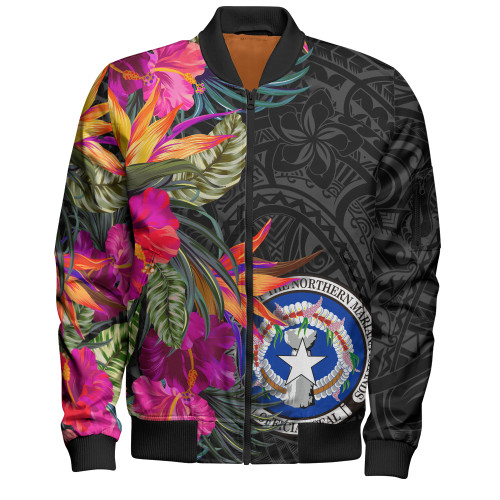 Northern Mariana Islands Bomber Jacket Polynesian Hibiscus Pattern1