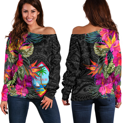 Guam Off Shoulder Sweatshirt Polynesian Hibiscus Pattern1