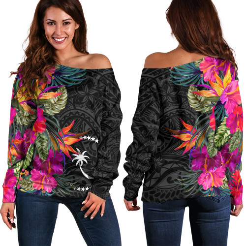 Chuuk State Off Shoulder Sweatshirt Polynesian Hibiscus Pattern1