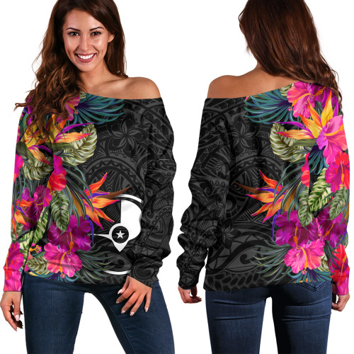 Yap State Off Shoulder Sweatshirt Polynesian Hibiscus Pattern1