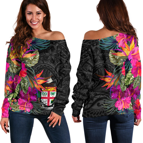 Fiji Off Shoulder Sweatshirt Polynesian Hibiscus Pattern1