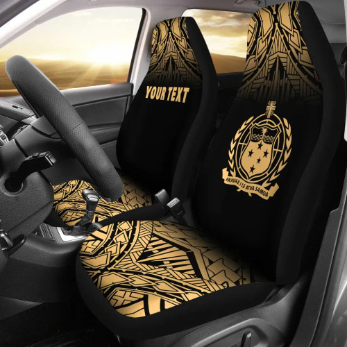 Samoa Custom Personalised Car Seat Covers - Samoa Coat Of Arms Polynesian Tattoo Fog Gold
