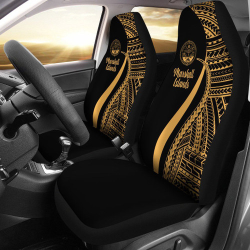 Marshall Islands Car Seat Covers - Gold Polynesian Tentacle Tribal Pattern Crest