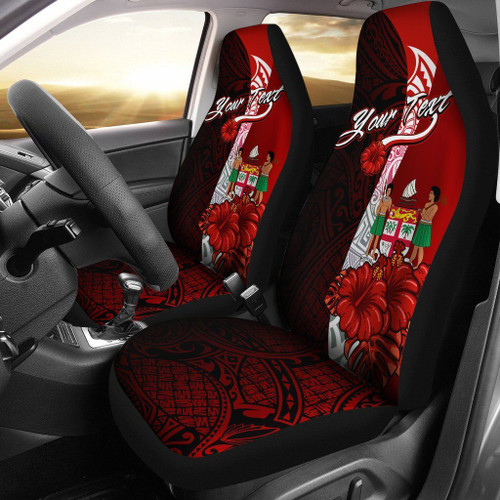 Fiji Polynesian Custom Personalised Car Seat Covers - Coat Of Arm With Hibiscus