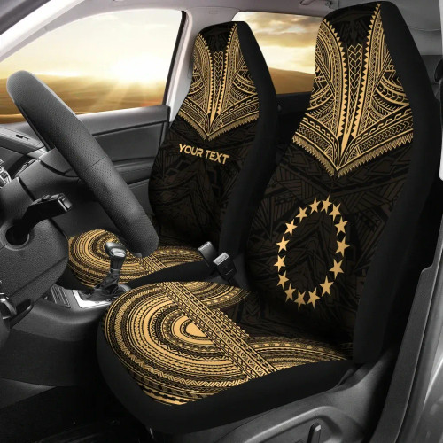 Cook Islands Custom Personalised Car Seat Cover - Cook Islands Flag Polynesian Chief Tattoo Gold Version