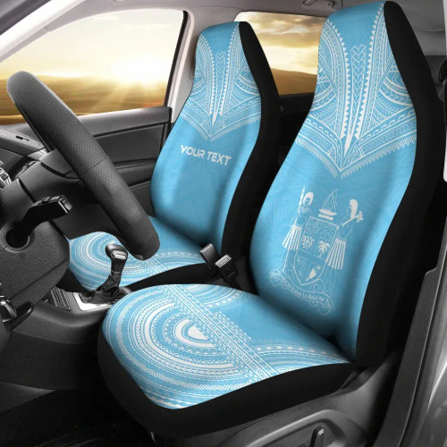 Fiji Custom Personalised Car Seat Cover - Fiji Coat Of Arms Polynesian Chief Tattoo Light Blue Version
