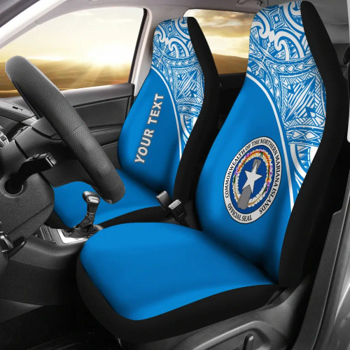 Northern Mariana Islands Custom Personalised Car Seat Covers - CNMI Seal Polynesian Blue Curve