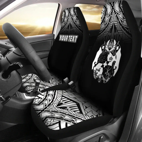 Tonga Custom Personalised Car Seat Covers - Tonga Coat Of Arms Polynesian Tattoo Fog Black